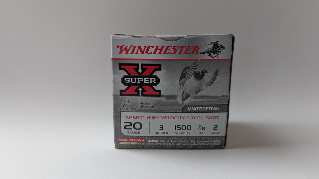 Box of Winchester Super X waterfowl ammunition on a white background