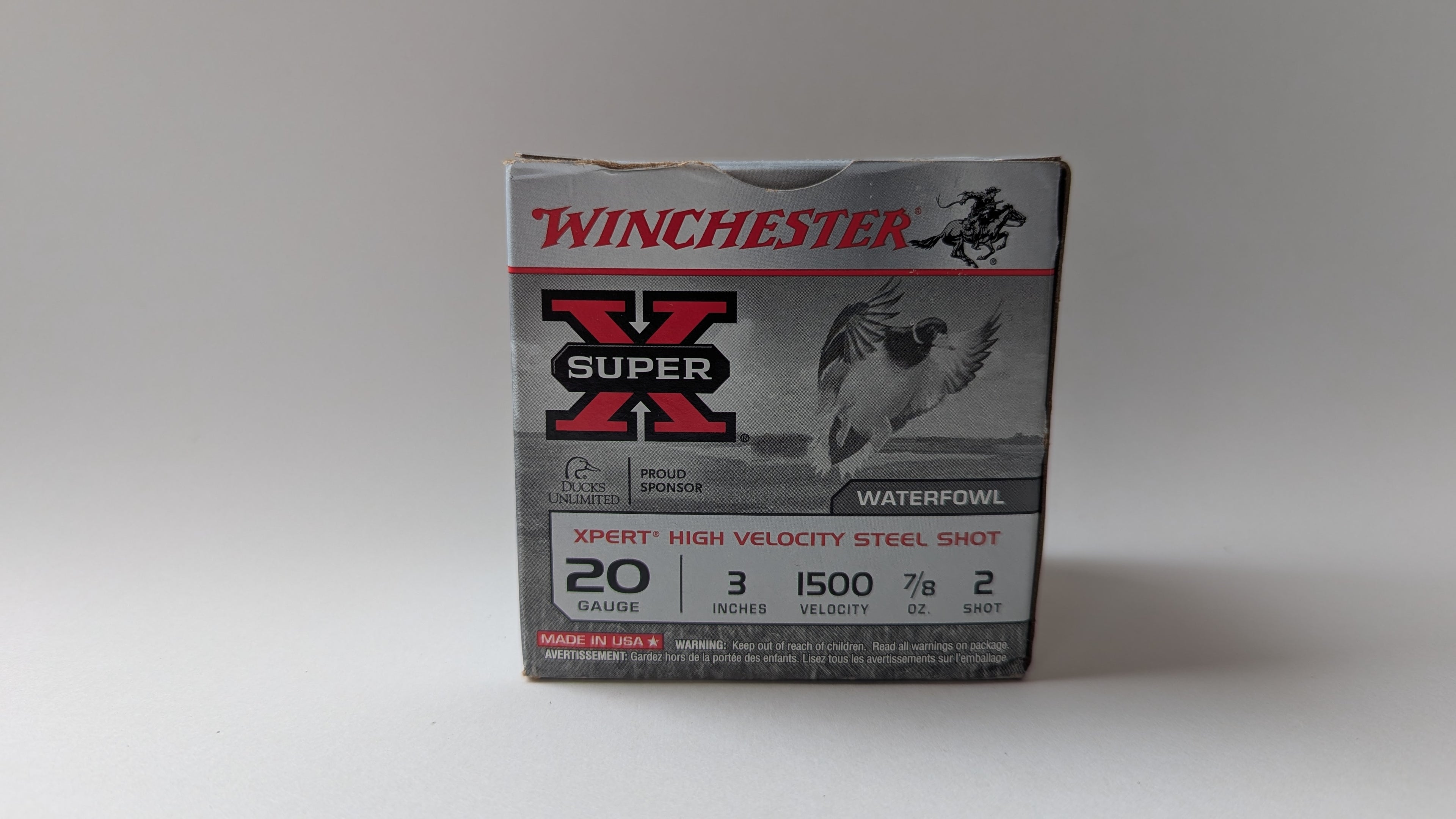 Box of Winchester Super X waterfowl ammunition on a white background