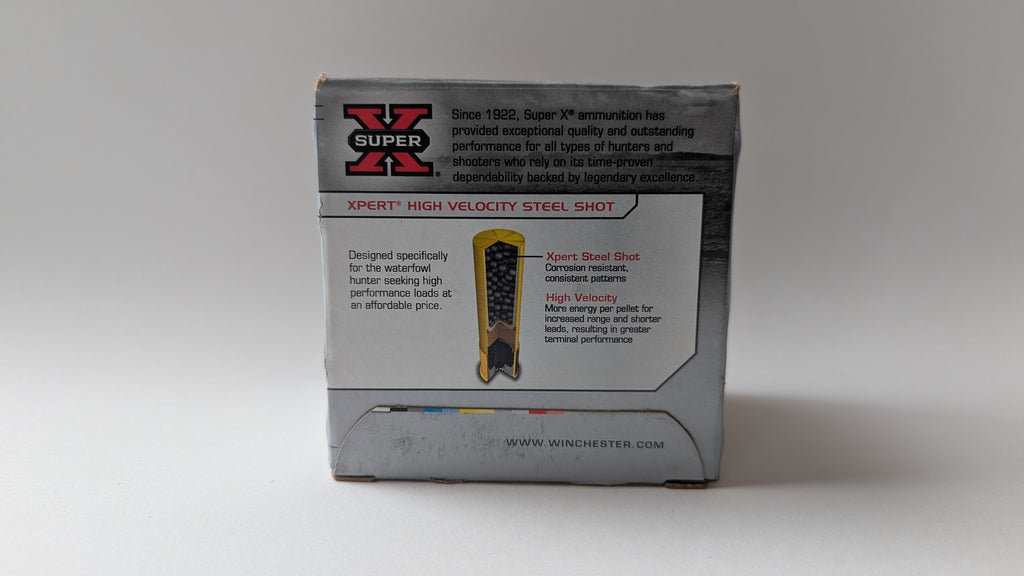 Box of Winchester Super X high velocity steel shot on a white background
