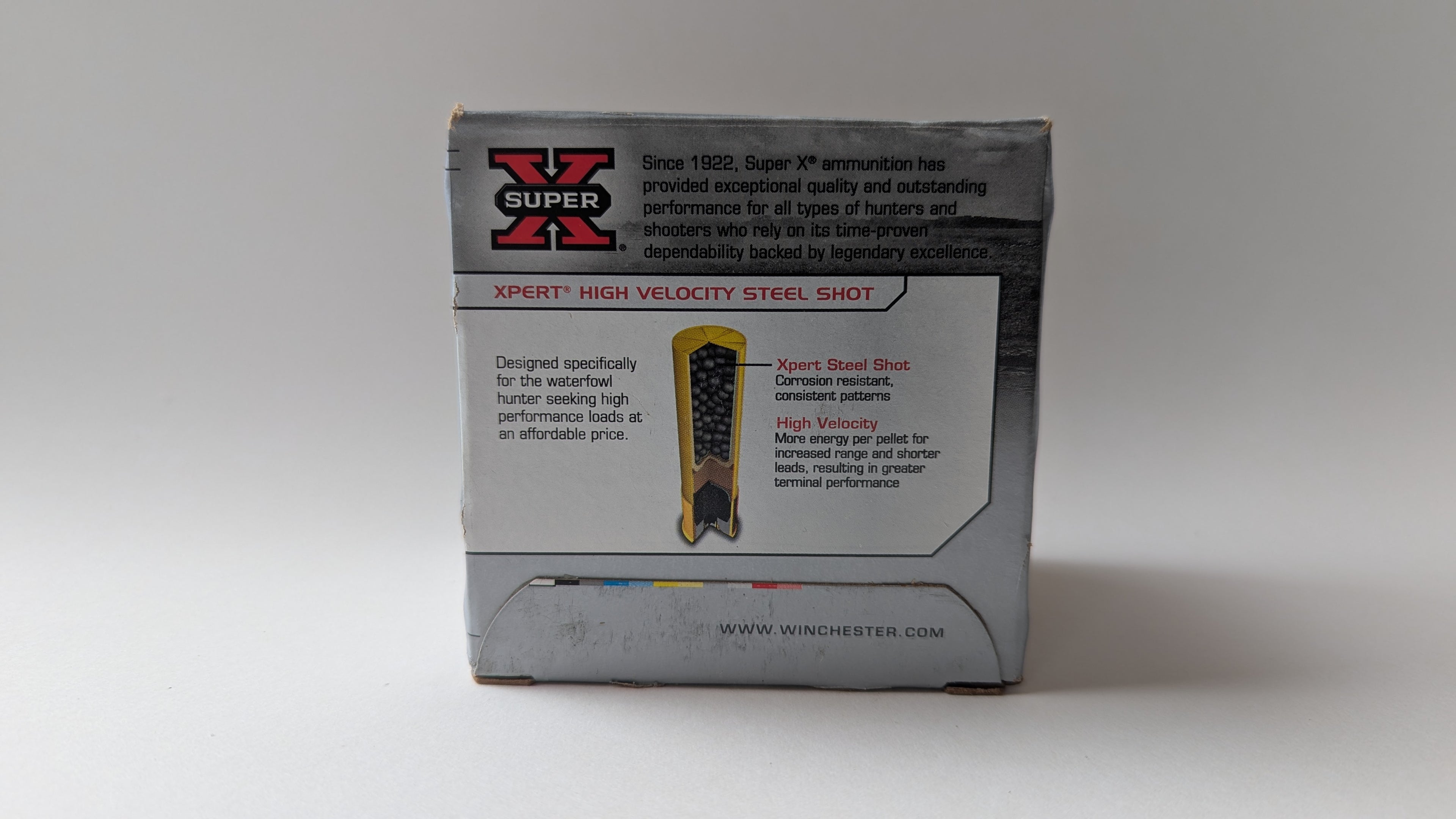 Box of Winchester Super X high velocity steel shot on a white background